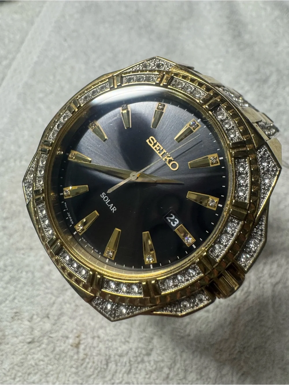 Seiko Gold-Tone Watch with Black Dial and Crystal Accents